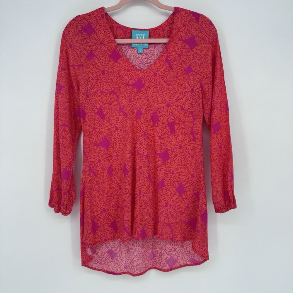 Escapada‎ Women's Tunic Blouse Pink Orange Geometric Print V-Neck High Low S